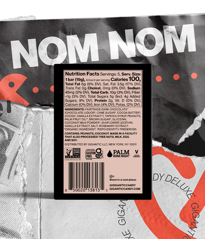 Back panel of Salted Peanut Candy Deluxe Bar packaging, with nutritional and ingredients label, on a torn paper background