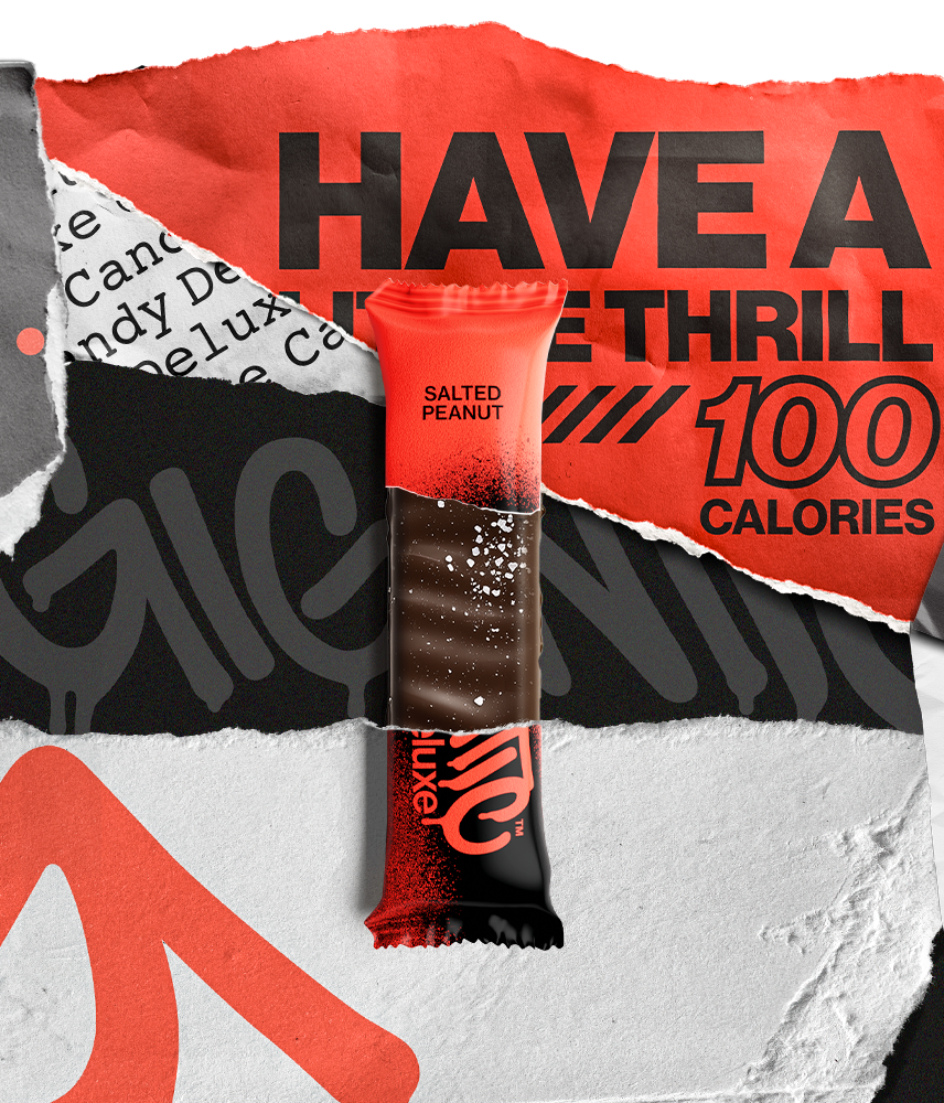 Partially unwrapped Salted Peanut bar with promotional text on a torn paper background