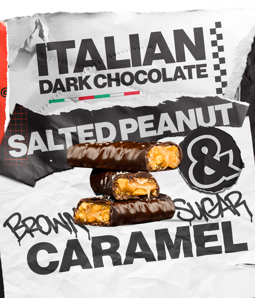 Stack of 3 Salted Peanut candy bars with background text that says: Italian Dark Chocolate & Brown Sugar Caramel