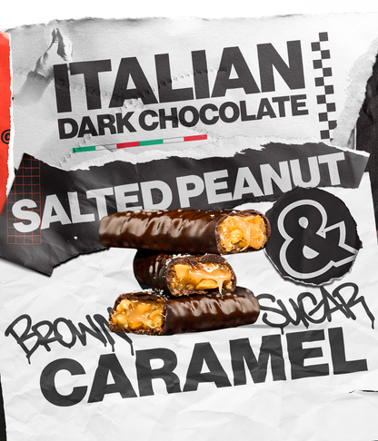 Stack of 3 Salted Peanut candy bars with background text that says: Italian Dark Chocolate & Brown Sugar Caramel