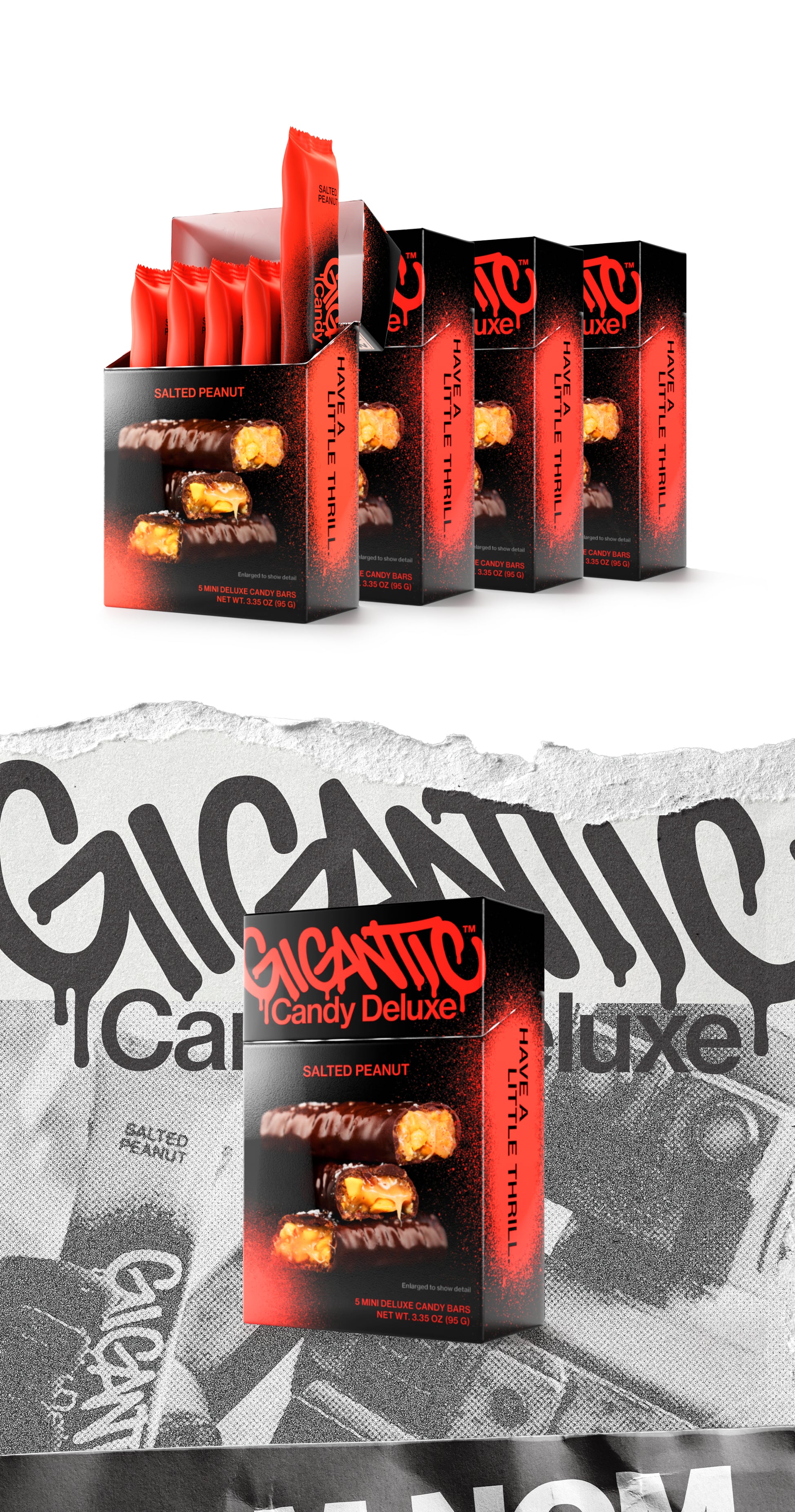Four cartons of Gigantic Candy Deluxe in Salted Peanut flavor, red and black colored packaging, with the front carton open to show 5 wrapped mini candy bars inside. Followed by Gigantic Candy Deluxe 5-pack packaging for Salted Peanut flavor with red and black design on a textured, torn paper background.