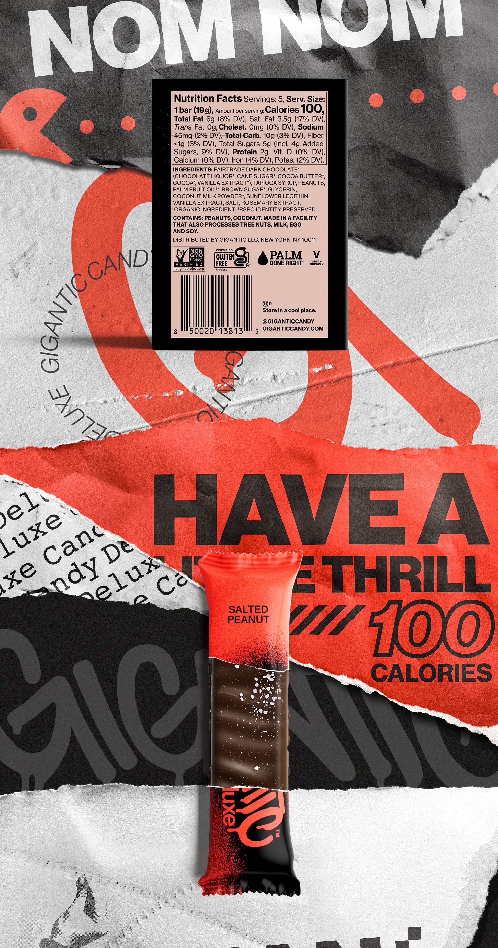 Partially unwrapped Salted Peanut bar over torn-paper promo layout with visible nutrition facts panel and HAVE A LITTLE THRILL headline.