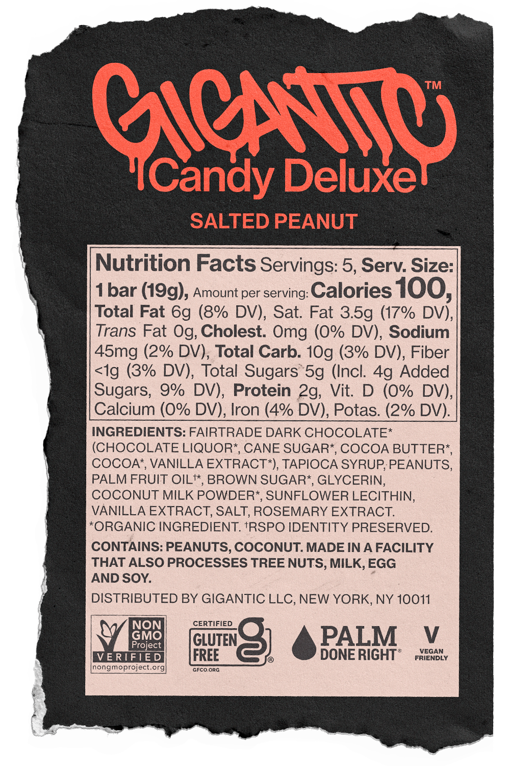 Gigantic Candy Deluxe Salted Peanut label with nutrition facts and ingredients on a black background
