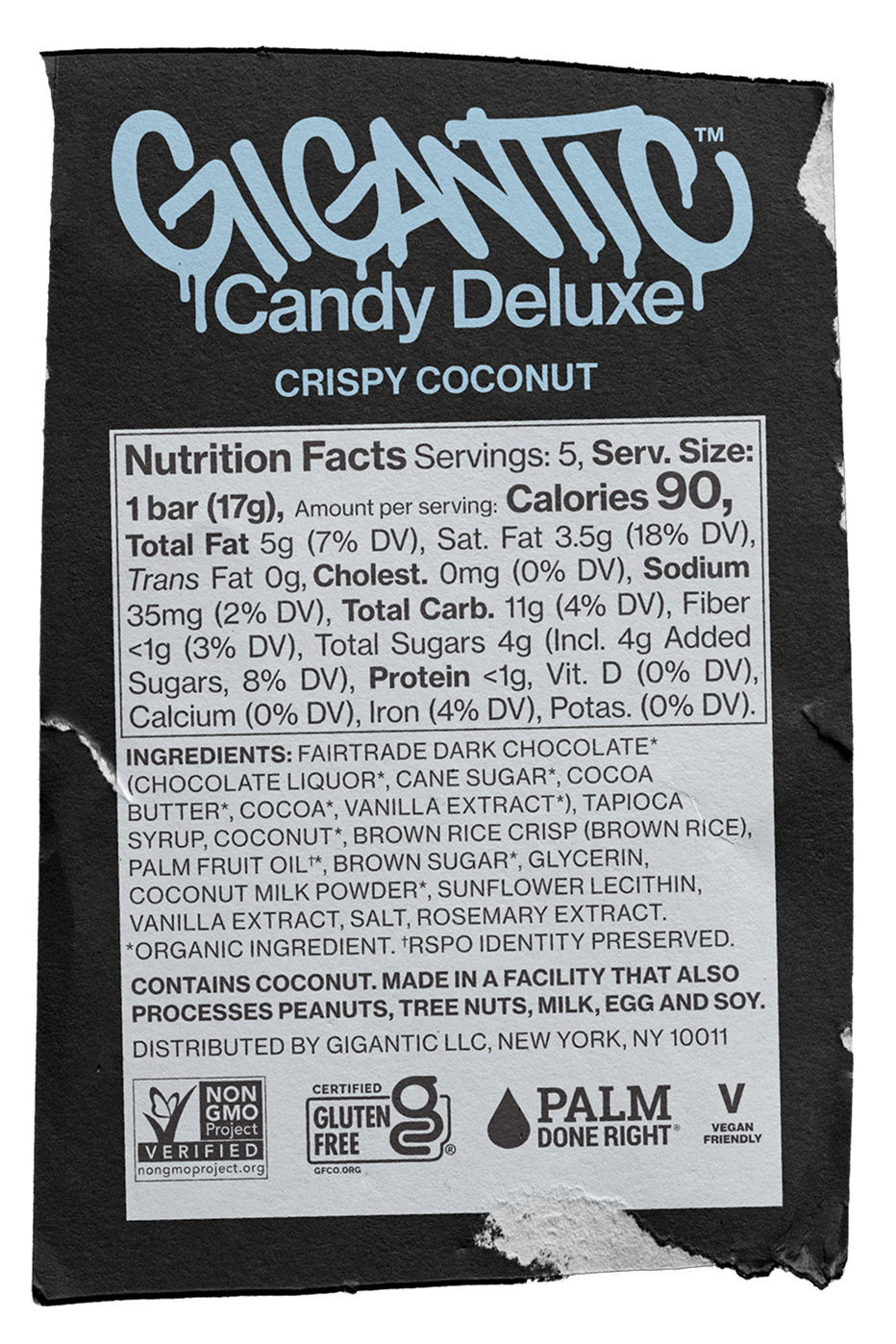 Gigantic Candy Deluxe Crispy Coconut carton packaging label with nutrition facts, ingredients, allergens, and certification logos.