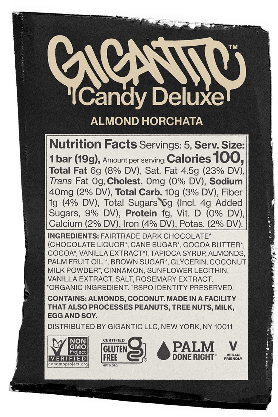 Gigantic Candy Deluxe Almond Horchata back label: nutrition facts panel and ingredients list.