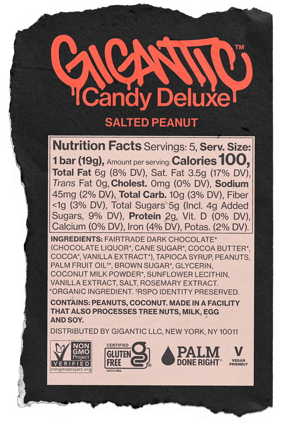 Gigantic Candy Deluxe Salted Peanut carton packaging label with nutrition facts, ingredients, allergens, and certification logos.