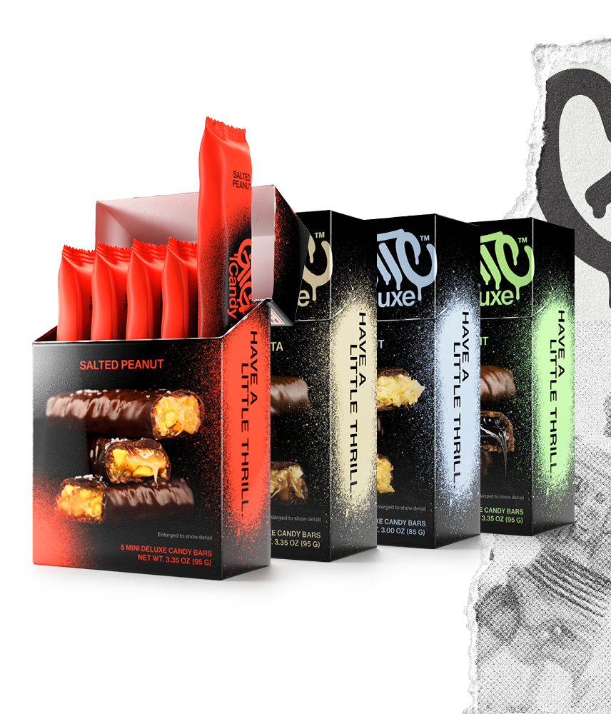 4 packs of Deluxe candy bar boxes, each of a different flavor. The front box is open, showing 5 wrapped chocolate bars inside. 