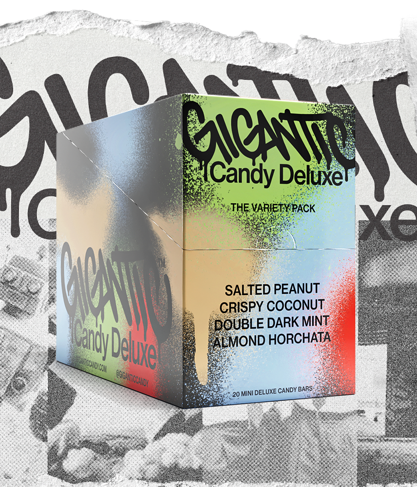 Gigantic candy deluxe variety pack with salted peanut, crispy coconut, double dark mint and almond horchata flavors. 20 mini deluxe candy bars. 