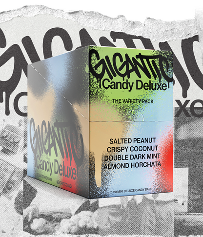 Gigantic candy deluxe variety pack with salted peanut, crispy coconut, double dark mint and almond horchata flavors. 20 mini deluxe candy bars. 