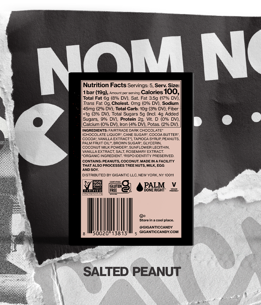 Back panel of Salted Peanut packaging, with nutritional and ingredients label, on a torn paper background