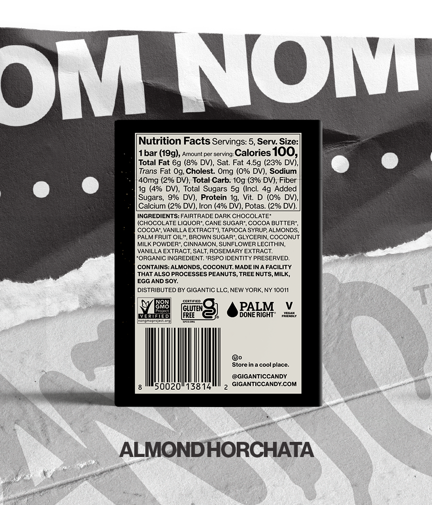 Back panel of Almond Horchata packaging, with nutritional and ingredients label, on a torn paper background
