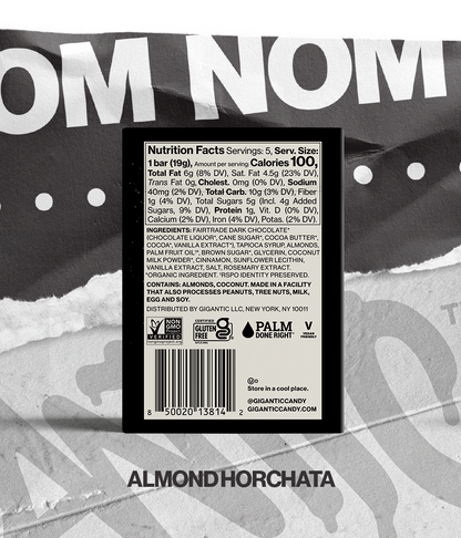 Back panel of Almond Horchata packaging, with nutritional and ingredients label, on a torn paper background
