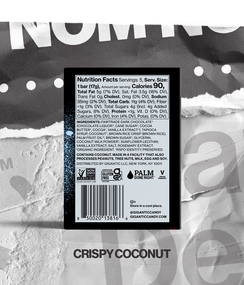 Back panel of Candy Deluxe Crispy Coconut packaging, with nutritional and ingredients label, on a torn paper background