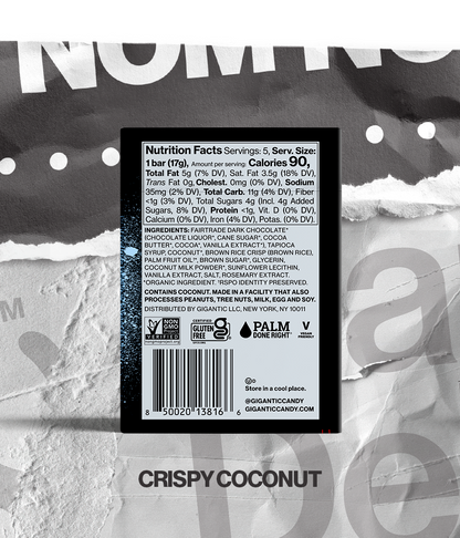 Back panel of Candy Deluxe Crispy Coconut packaging, with nutritional and ingredients label, on a torn paper background