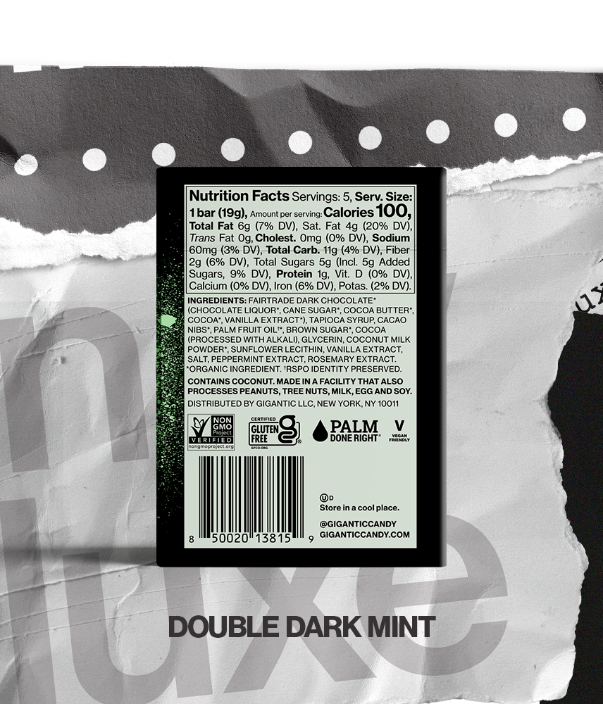 Back panel of Double Dark Mint Candy Deluxe carton packaging, with nutritional and ingredients label, on a torn paper background. 