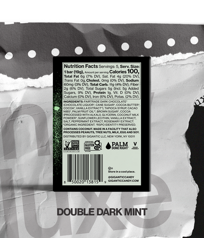 Back panel of Double Dark Mint Candy Deluxe carton packaging, with nutritional and ingredients label, on a torn paper background. 