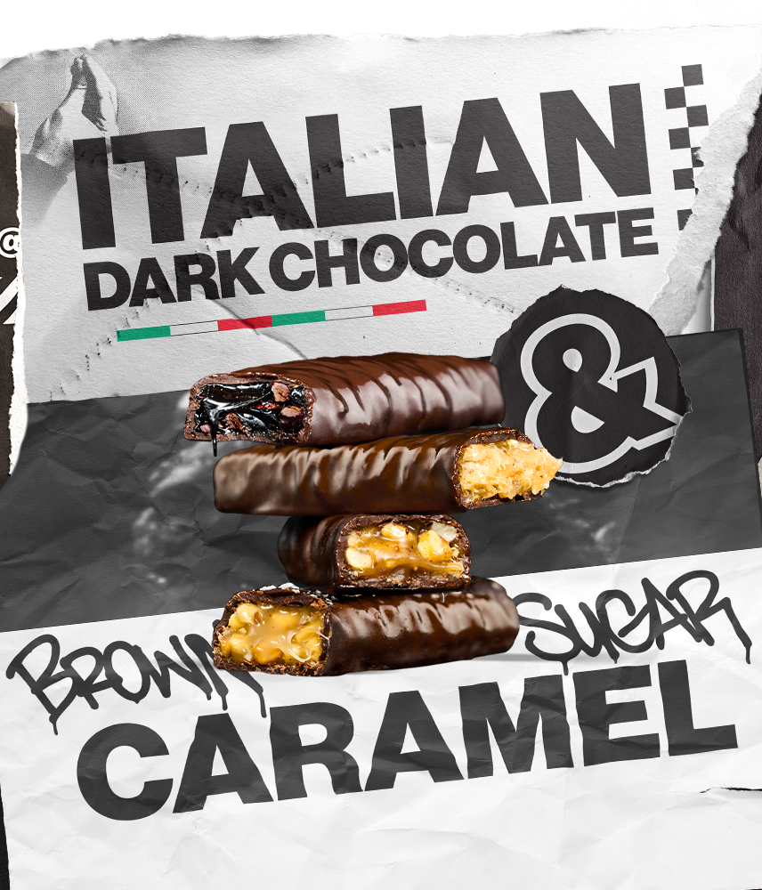 Dark-chocolate bars with gooey caramel, ad artwork reading: ITALIAN DARK CHOCOLATE & BROWN SUGAR CARAMEL