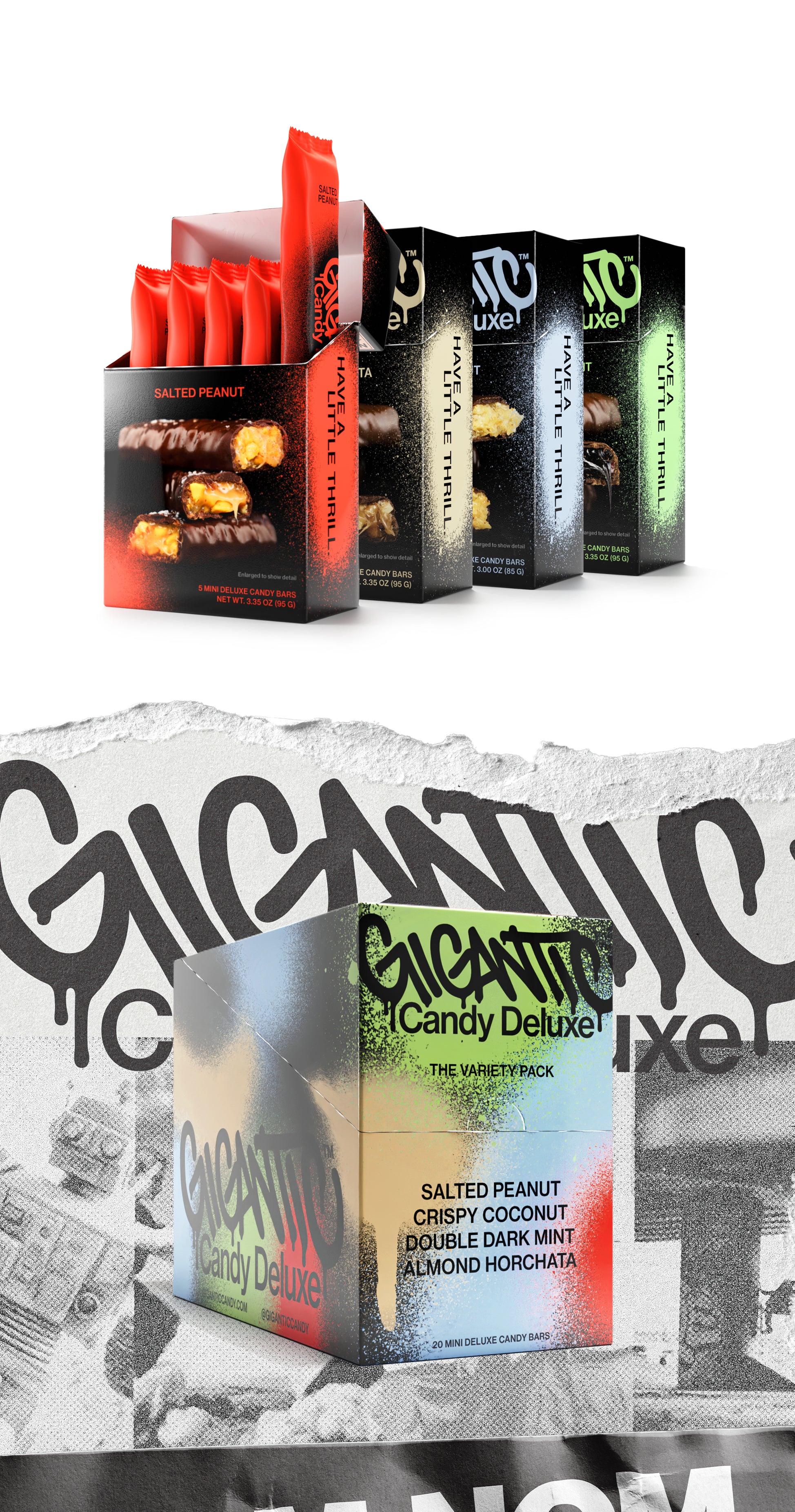 Gigantic Candy Deluxe variety pack and four flavor boxes — SALTED PEANUT; CRISPY COCONUT; DOUBLE DARK MINT; ALMOND HORCHATA