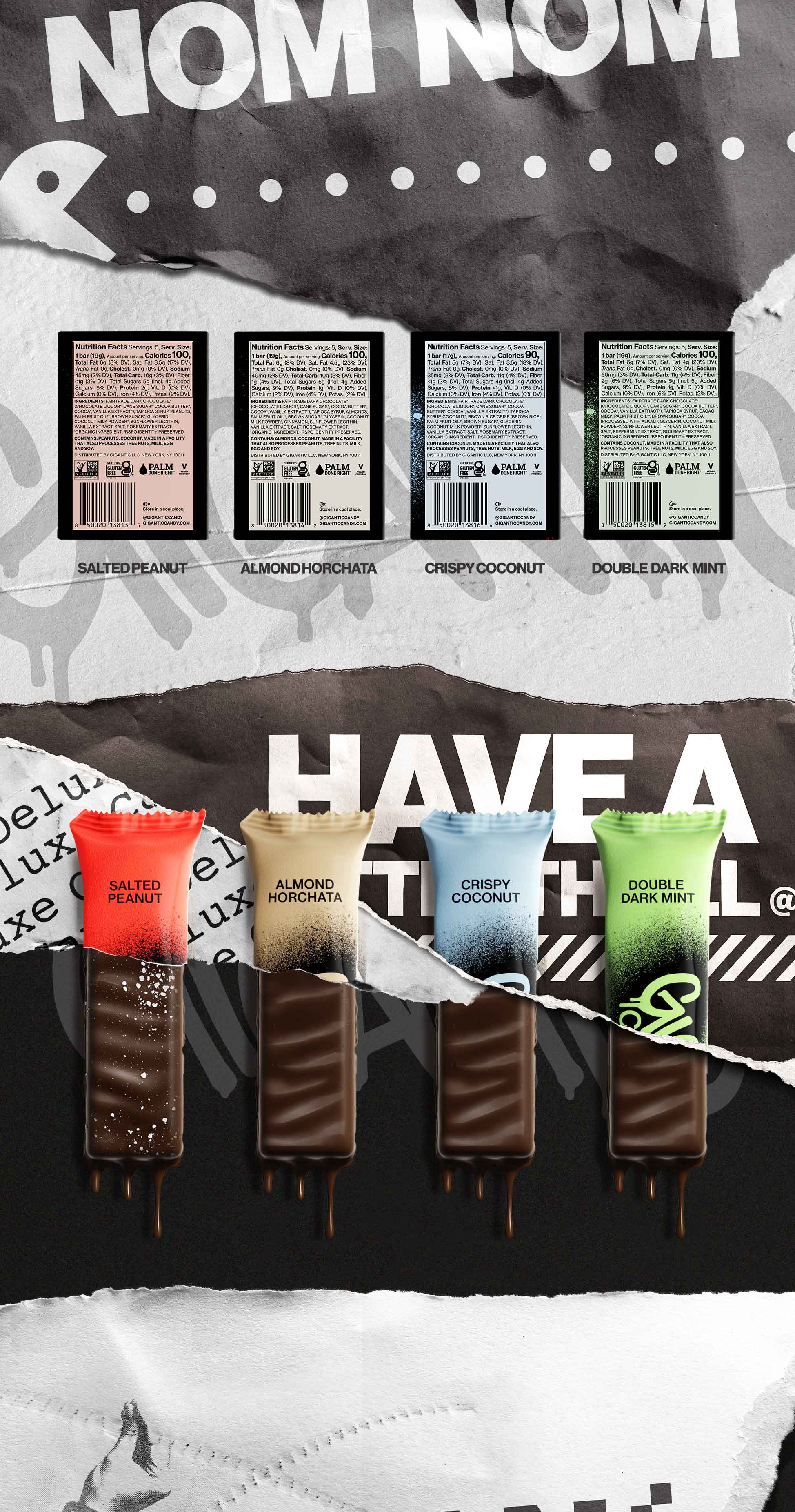 Four partly unwrapped chocolate bars with wrappers labeled Salted Peanut, Almond Horchata, Crispy Coconut, Double Dark Mint
