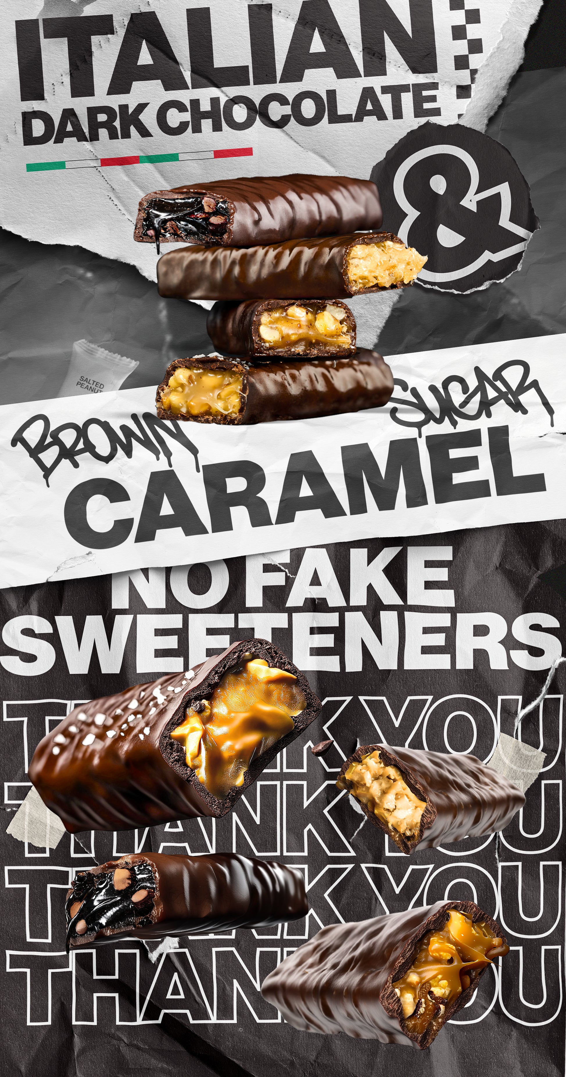 Dark chocolate caramel peanut bars: ITALIAN DARK CHOCOLATE & BROWN SUGAR CARAMEL, NO FAKE SWEETENERS, THANK YOU, SALTED PEANUT