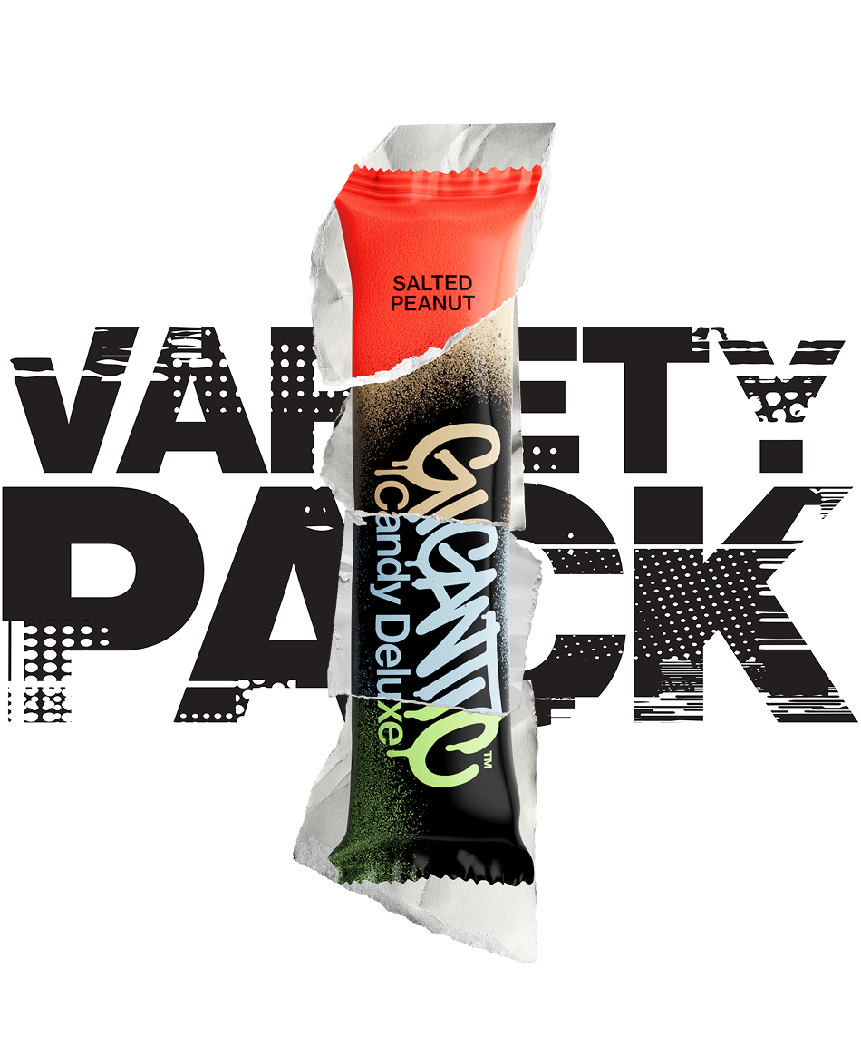 GIGANTIC Candy Deluxe bar with sections from 4 different flavor wrappers, VARIETY PACK graphic behind wrapper