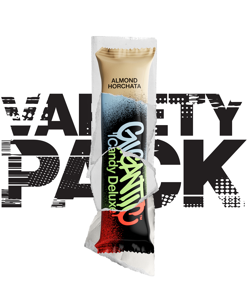 GIGANTIC Candy Deluxe bar with sections from 4 different flavor wrappers, VARIETY PACK graphic behind wrapper