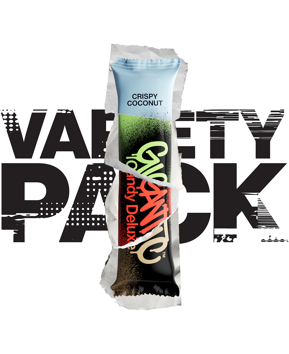 GIGANTIC Candy Deluxe bar with sections from 4 different flavor wrappers, VARIETY PACK graphic behind wrapper