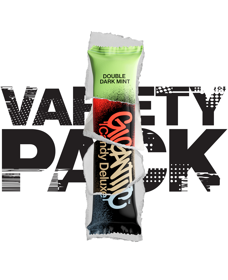 GIGANTIC Candy Deluxe bar with sections from 4 different flavor wrappers, VARIETY PACK graphic behind wrapper